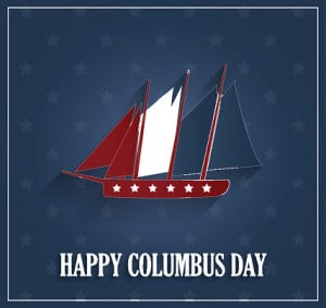 Columbus Day poster with ship on blue background