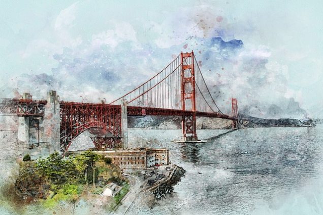 Parcstone Apartments in Fayetteville A watercolor painting of the golden gate bridge in San Francisco.