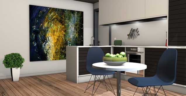 Parcstone Apartments in Fayetteville A 3D rendering of a kitchen with a painting on the wall in Fayetteville, NC.